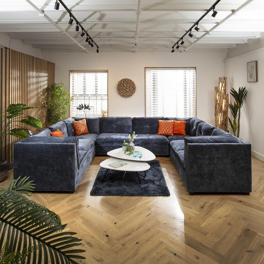 Anni 8 Seater U-Shape Sofa Blue Chenille 366x279cm 11