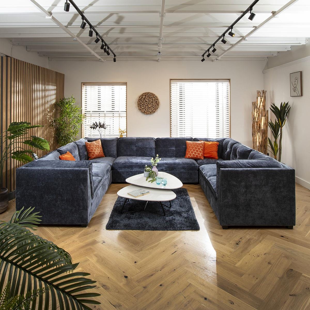 Anni 8 Seater U-Shape Sofa Blue Chenille 366x279cm 11