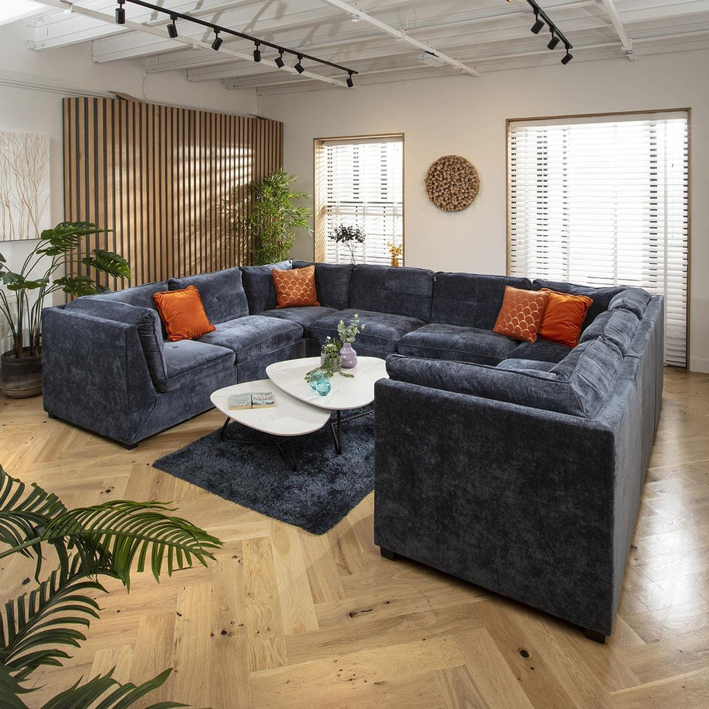 Anni 8 Seater U-Shape Sofa Blue Chenille 366x279cm 11