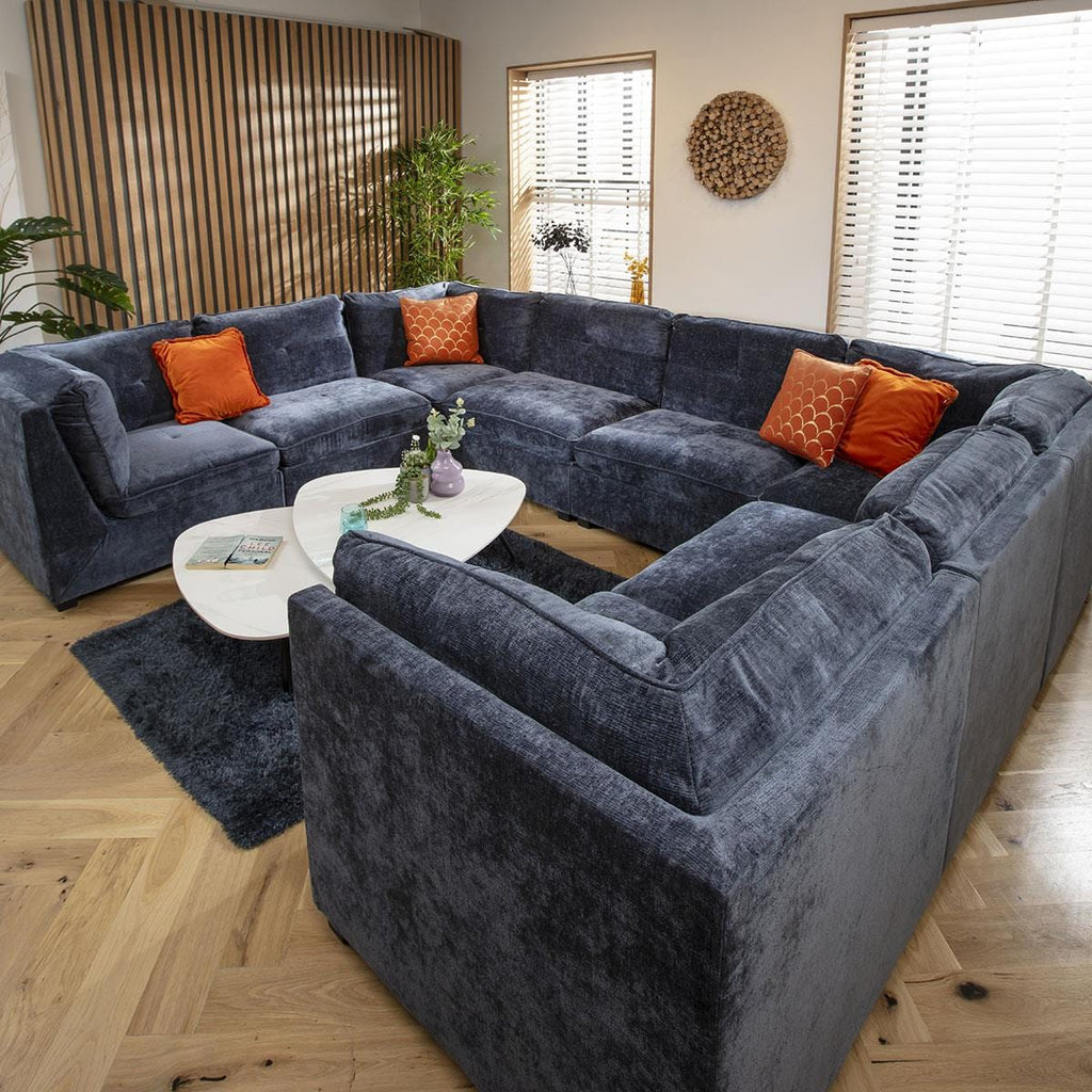 Anni 8 Seater U-Shape Sofa Blue Chenille 366x279cm 11