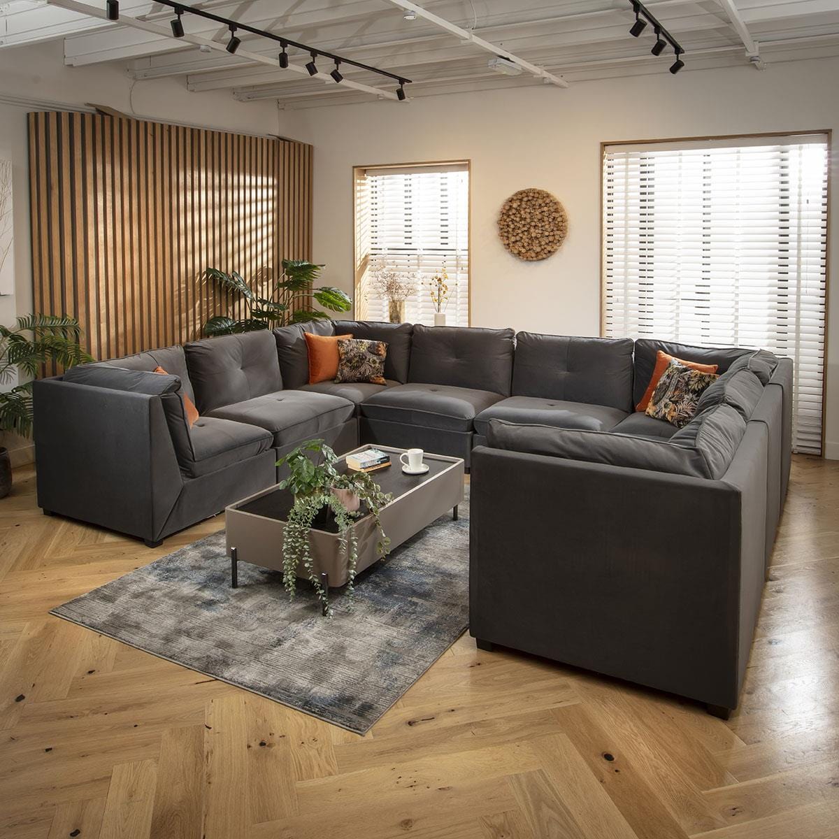 Anni 8 Seater U-Shape Sofa Grey Velvet 366x279cm 11