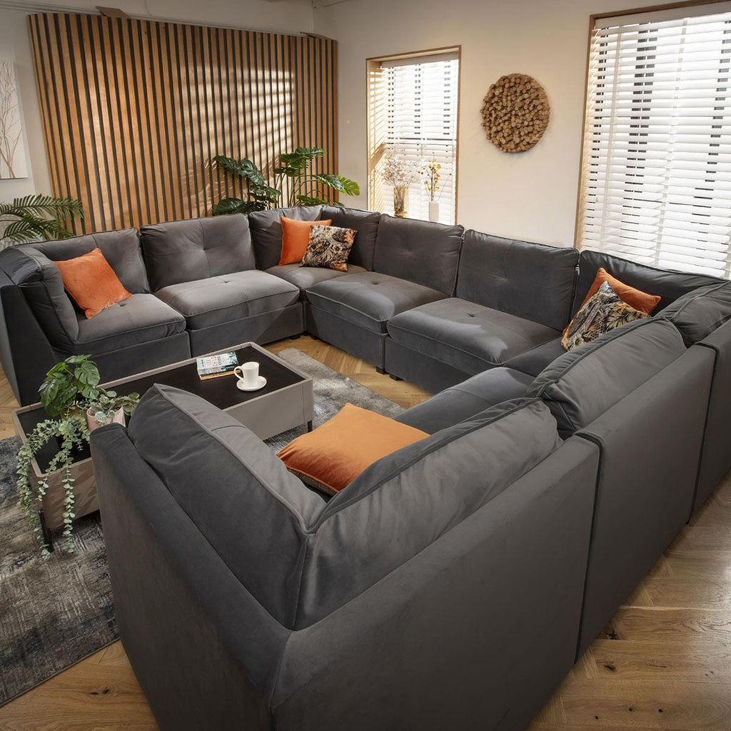 Anni 8 Seater U-Shape Sofa Grey Velvet 366x279cm 11