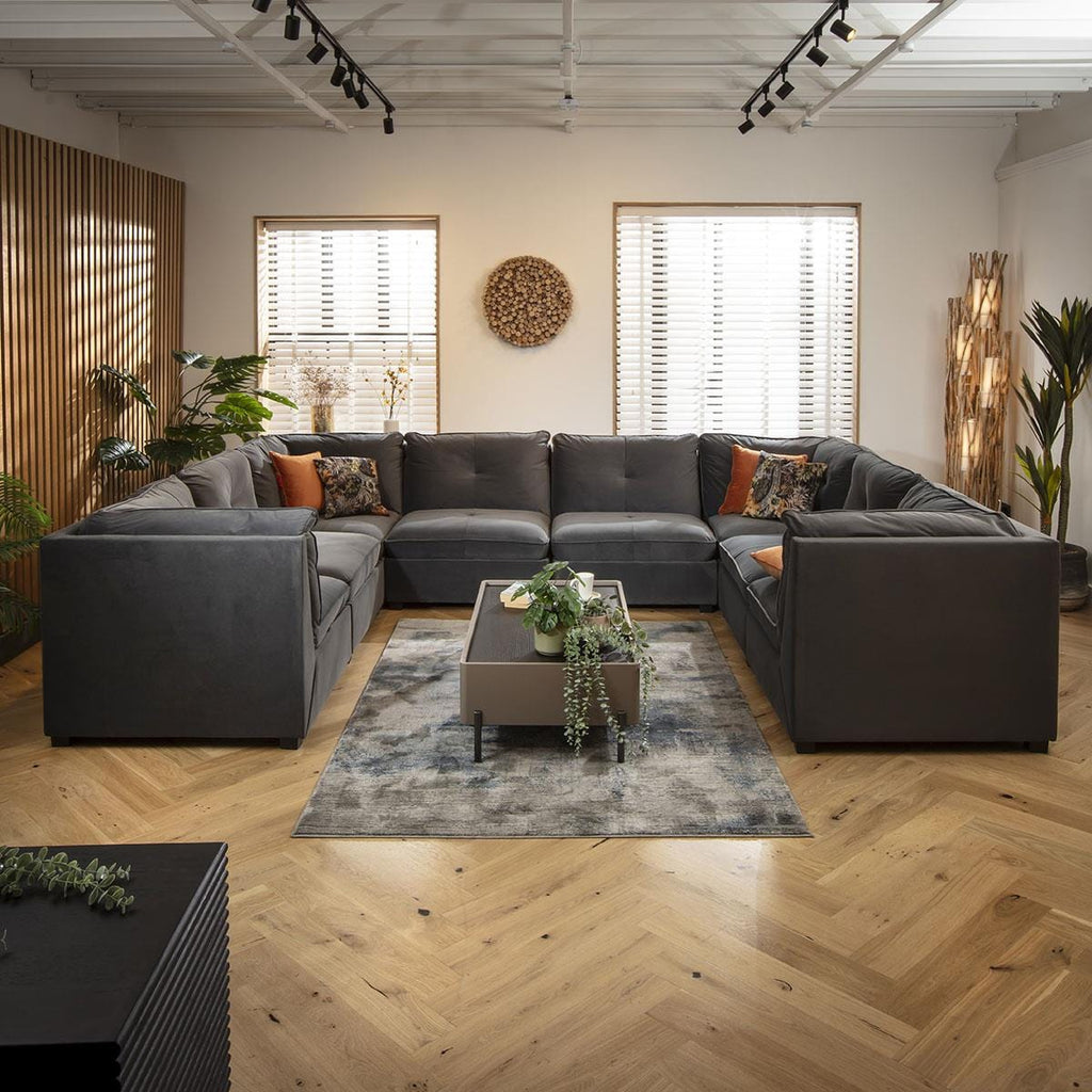 Anni 8 Seater U-Shape Sofa Grey Velvet 366x279cm 11