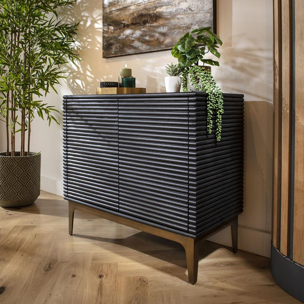 Baza 2 Door Small Sideboard Cabinet Fluted Black Oak 90cm