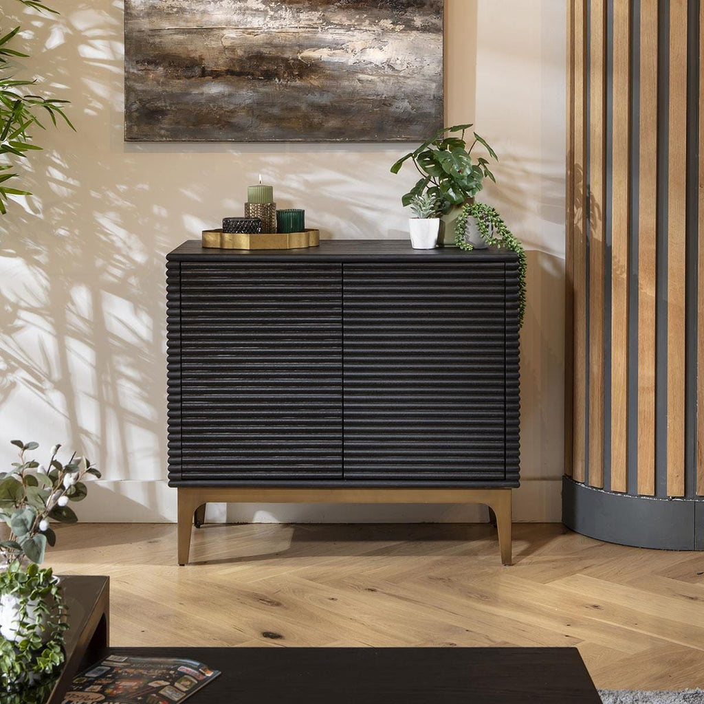 Baza 2 Door Small Sideboard Cabinet Fluted Black Oak 90cm