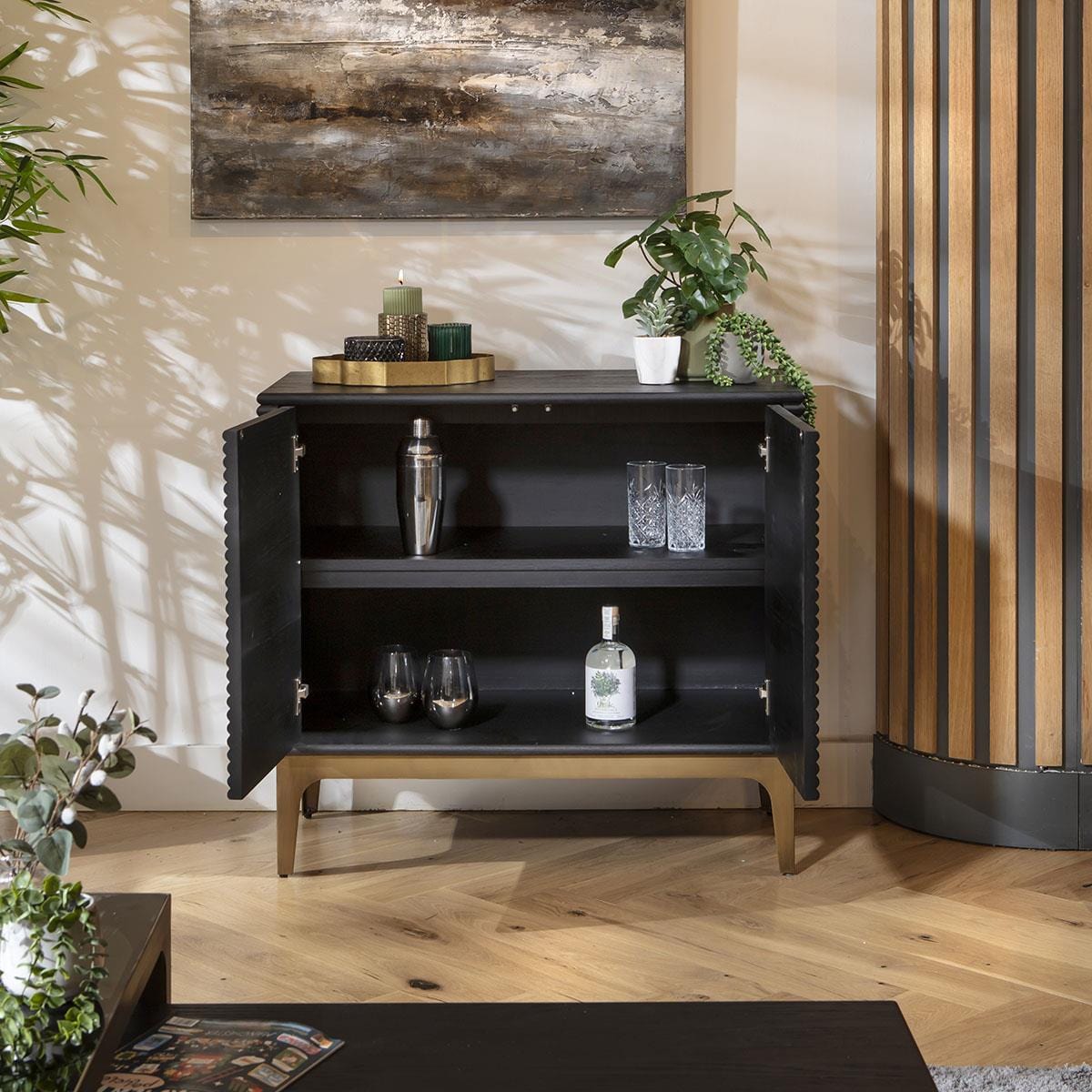 Baza 2 Door Small Sideboard Cabinet Fluted Black Oak 90cm