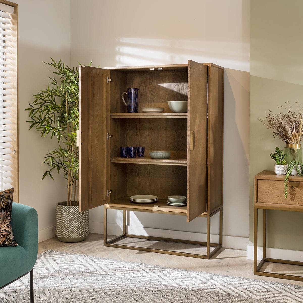 Hemingway Tall Drinks Cabinet Oak & Gold Brown 108cm