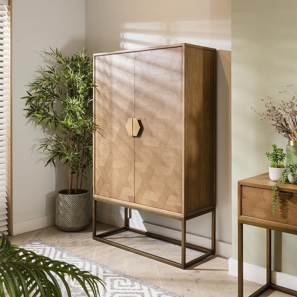 Hemingway Tall Drinks Cabinet Oak & Gold Brown 108cm