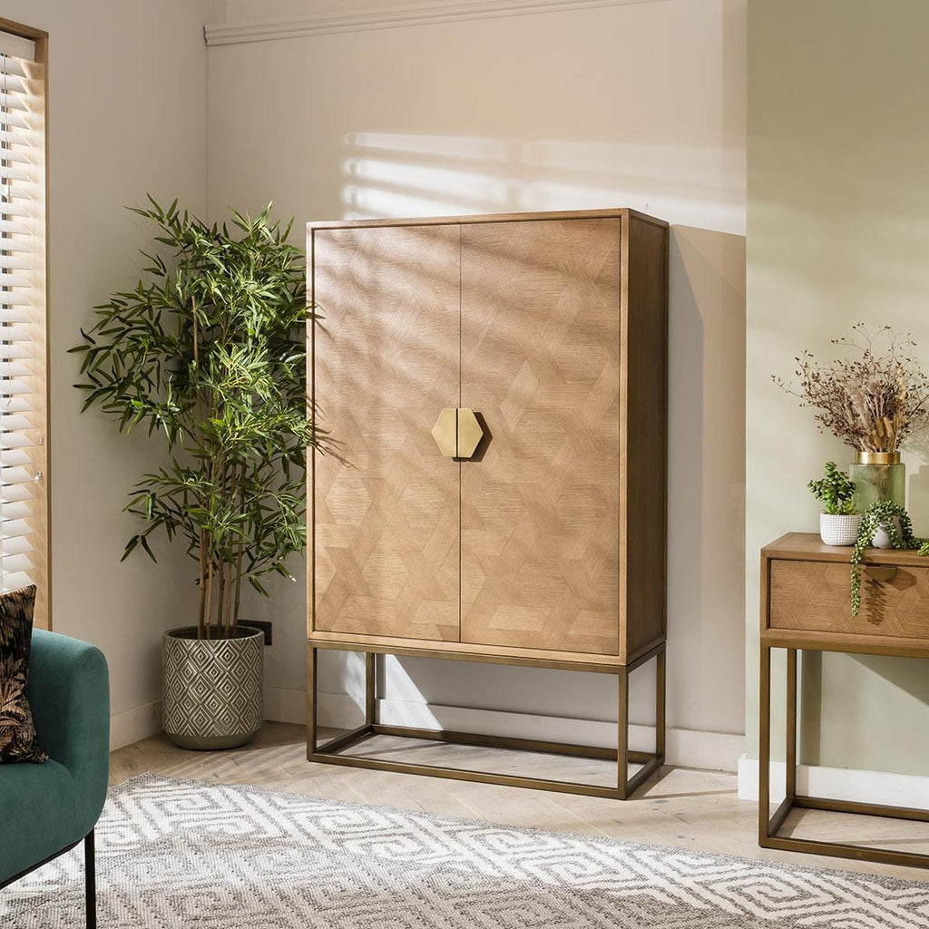 Hemingway Tall Drinks Cabinet Oak & Gold Brown 108cm