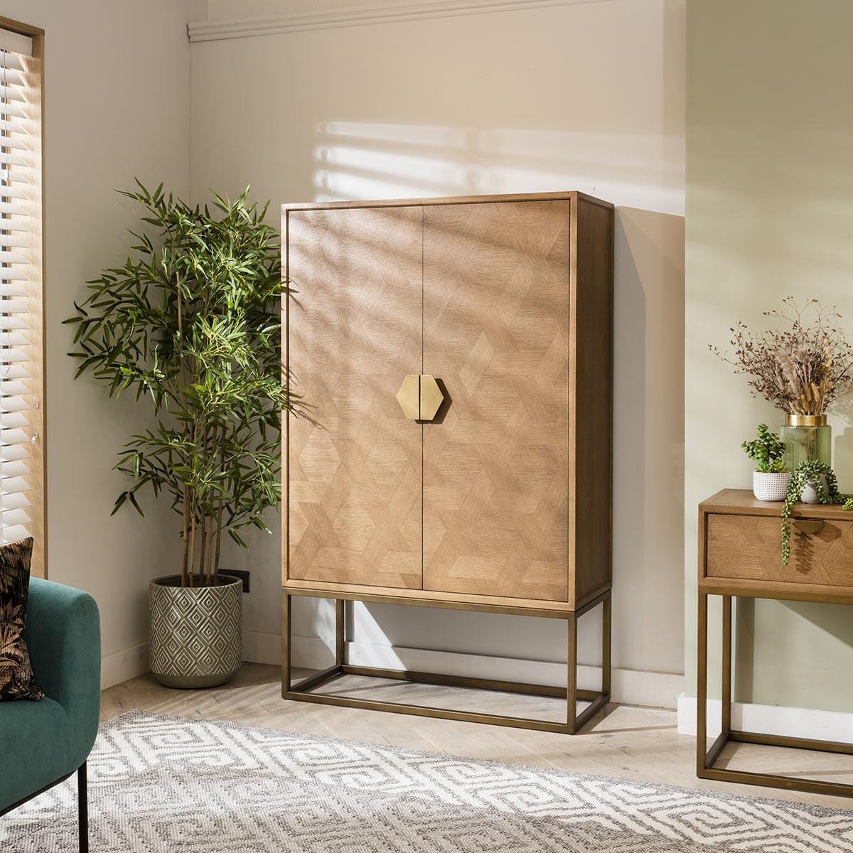 Hemingway Tall Drinks Cabinet Oak & Gold Brown 108cm