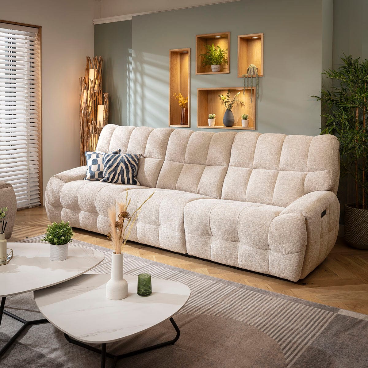 Luca Modern 3 Seater Triple Electric Recliner Sofa Beige Chenille 290cm 1R1
