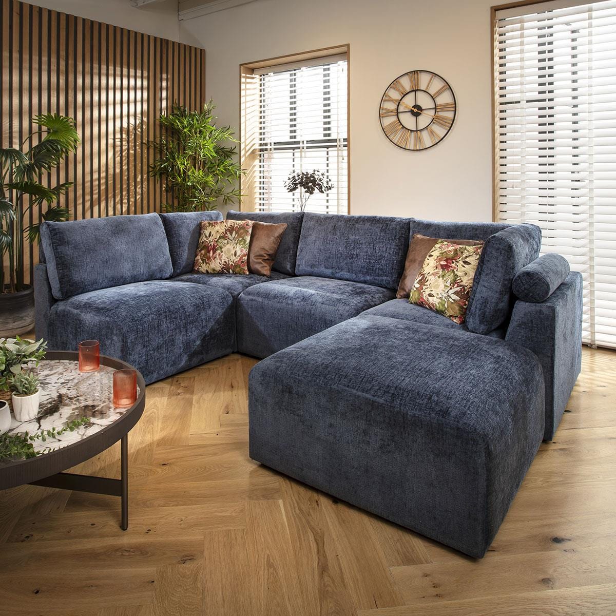 Martha 4 Seater Corner Sofa Blue Chenille 266x176cm 3L