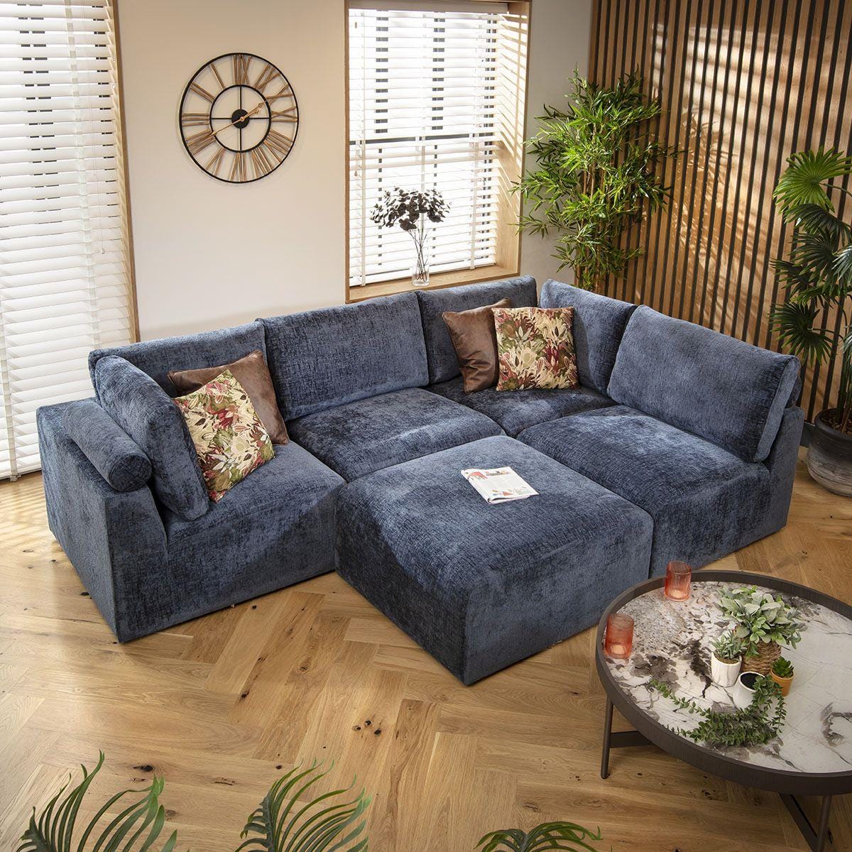 Martha 4 Seater Corner Sofa Blue Chenille 266x176cm 3R