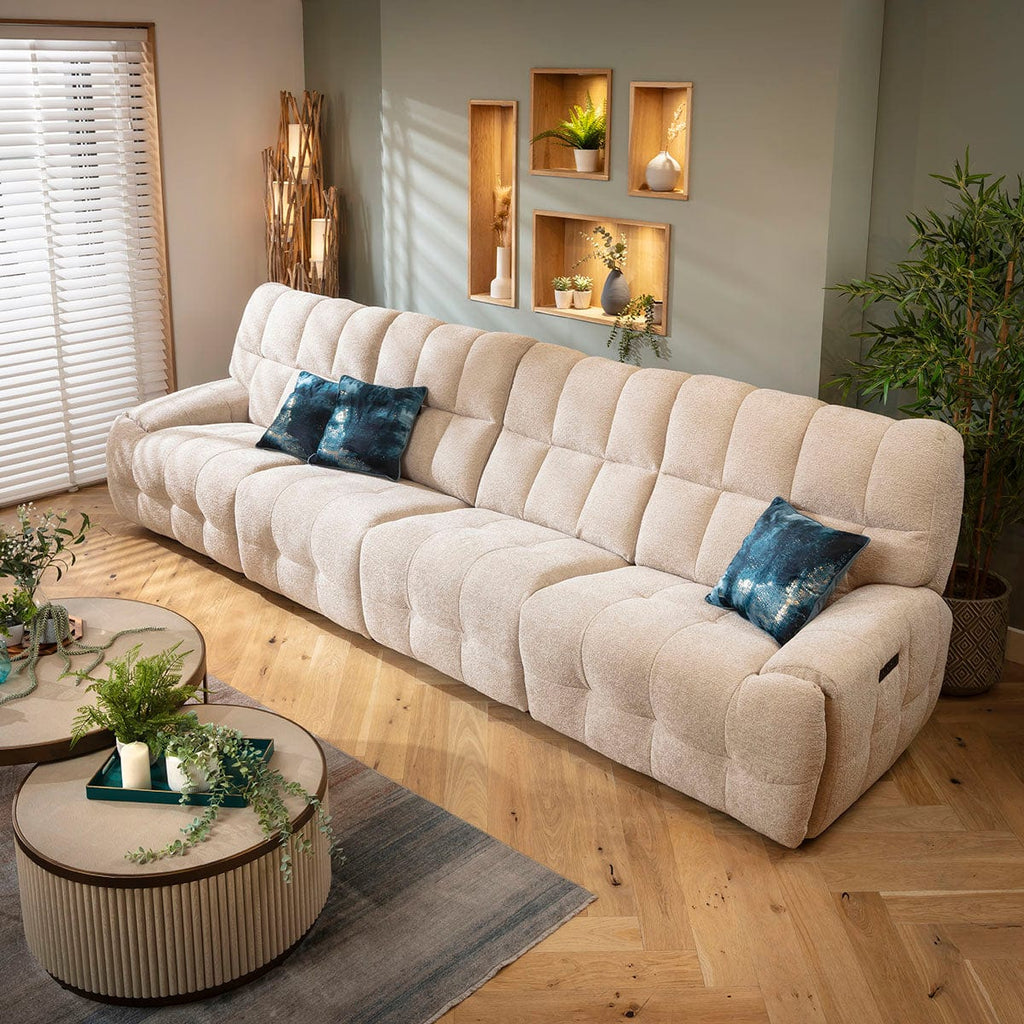 Luca Modern 4 Seater Triple Electric Recliner Sofa Beige Chenille 370cm 16R1