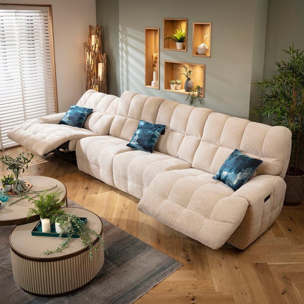 Luca Modern 4 Seater Quad Electric Recliner Sofa Beige Chenille 370cm 16R2