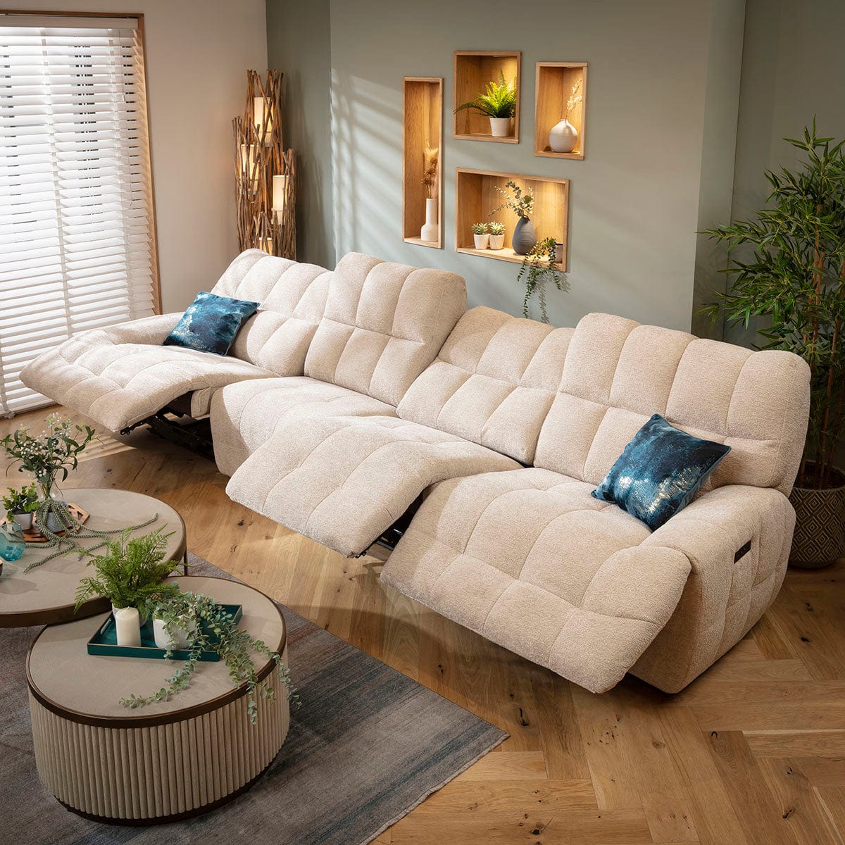 Luca Modern 4 Seater Triple Electric Recliner Sofa Beige Chenille 370cm 16R1
