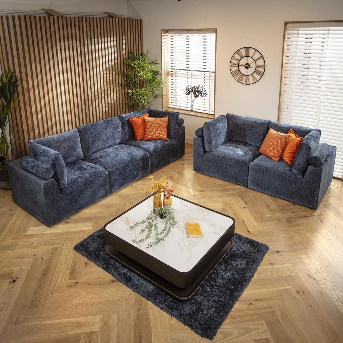 Martha 5 Seater Modular 3 & 2 Seater Sofa Set Blue Chenille 1+2S