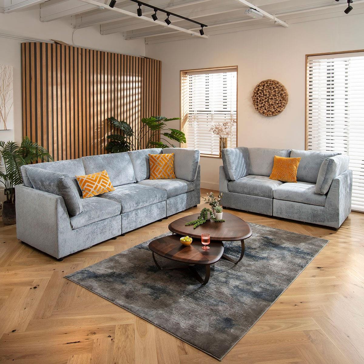 Sully 5 Seater Modular 3 & 2 Seater Sofa Set Blue Chenille 1+2S