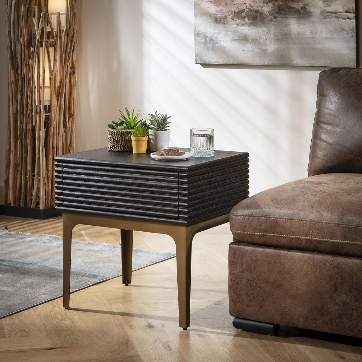 Baza Side Table with Drawer Black Oak & Brass 55x45cm