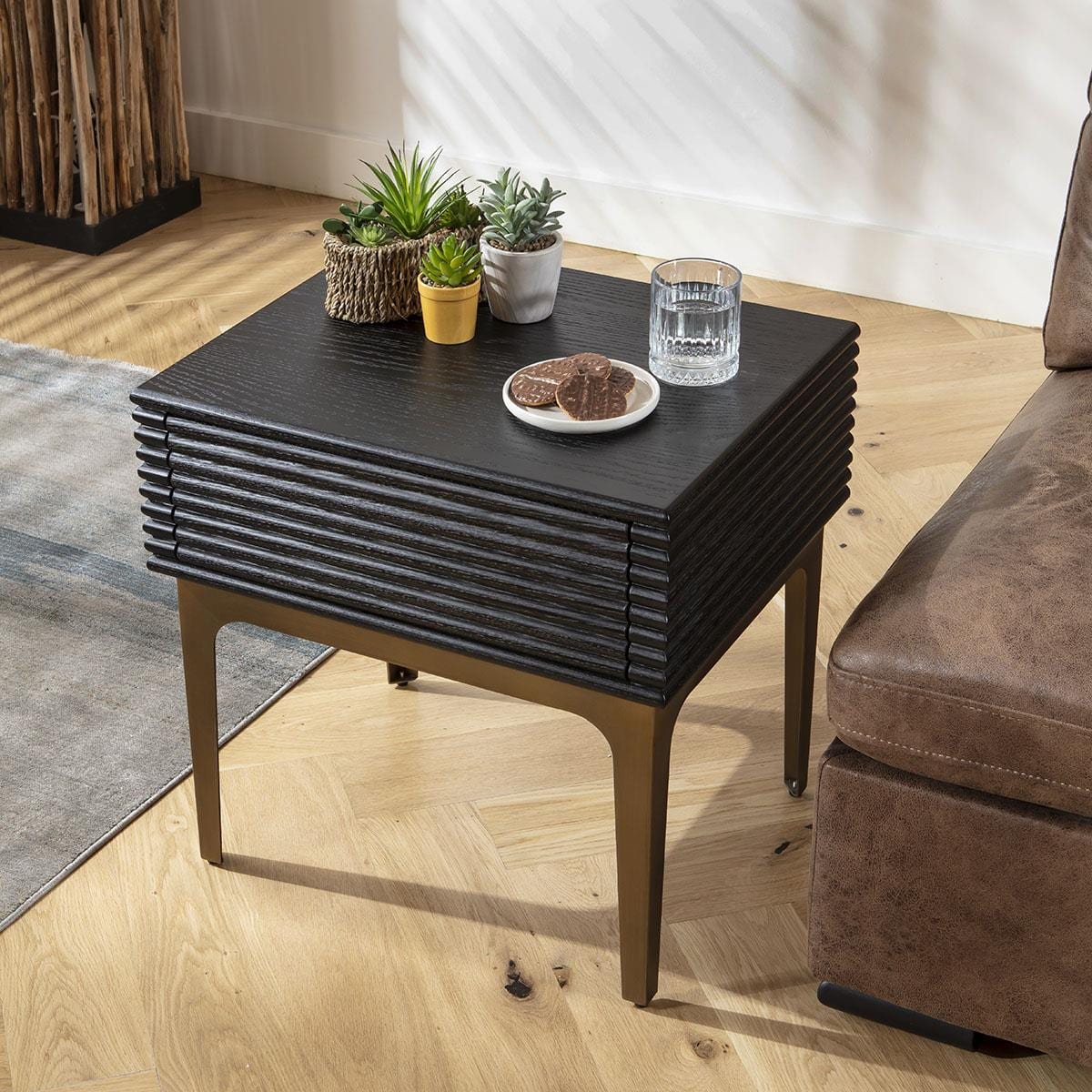 Baza Side Table with Drawer Black Oak & Brass 55x45cm