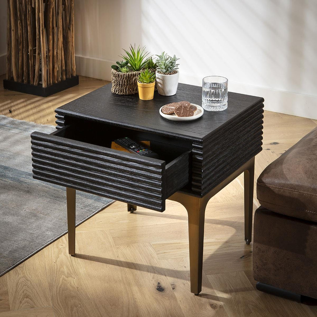 Baza Side Table with Drawer Black Oak & Brass 55x45cm