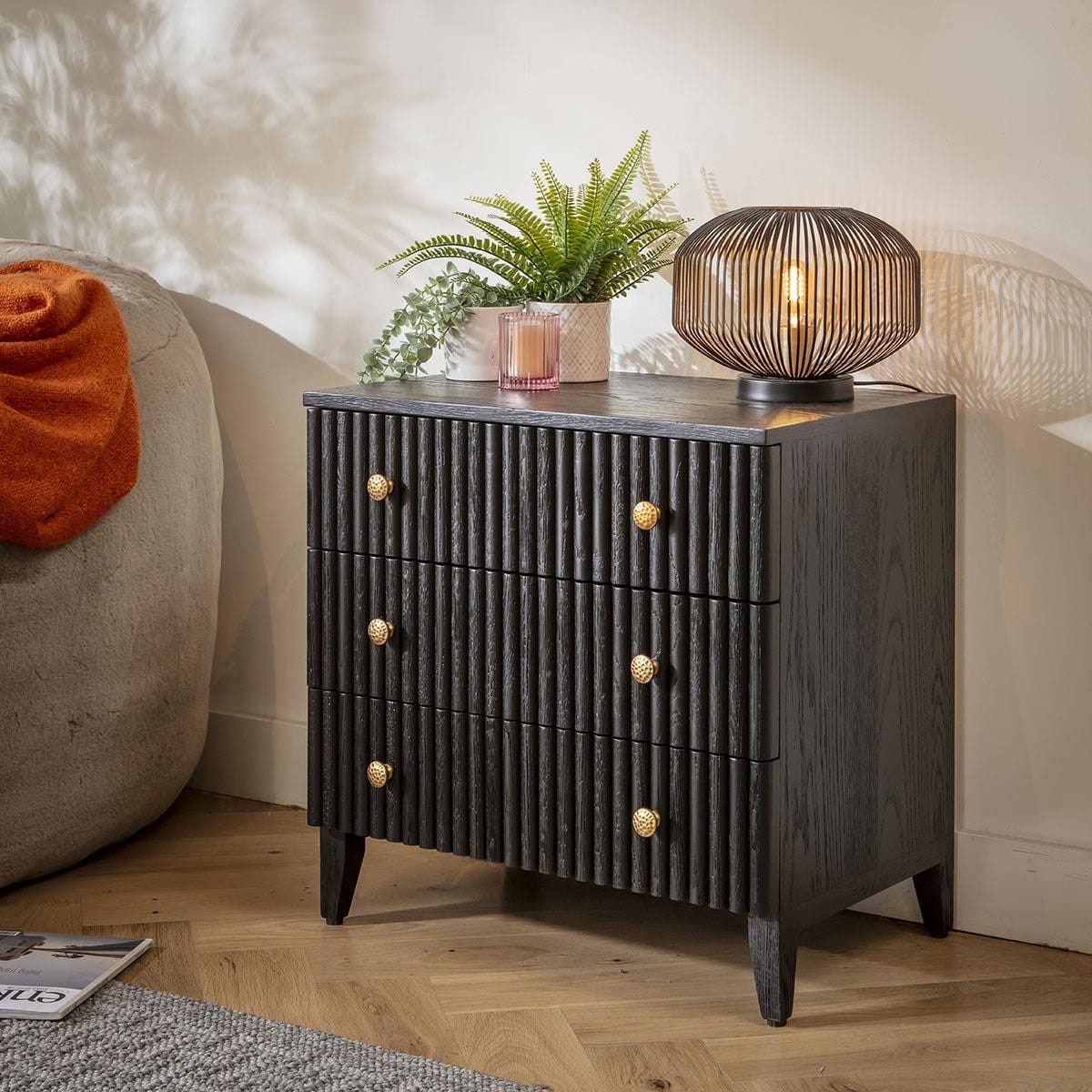 Dorian Bedside Side Table with Drawers Black Oak 65x45cm