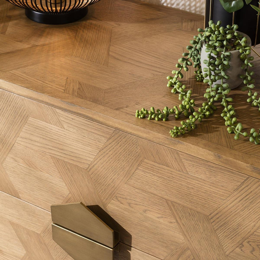 Hemingway Chest Of Drawers Dresser Oak & Gold Brown Tallboy 90cm wide