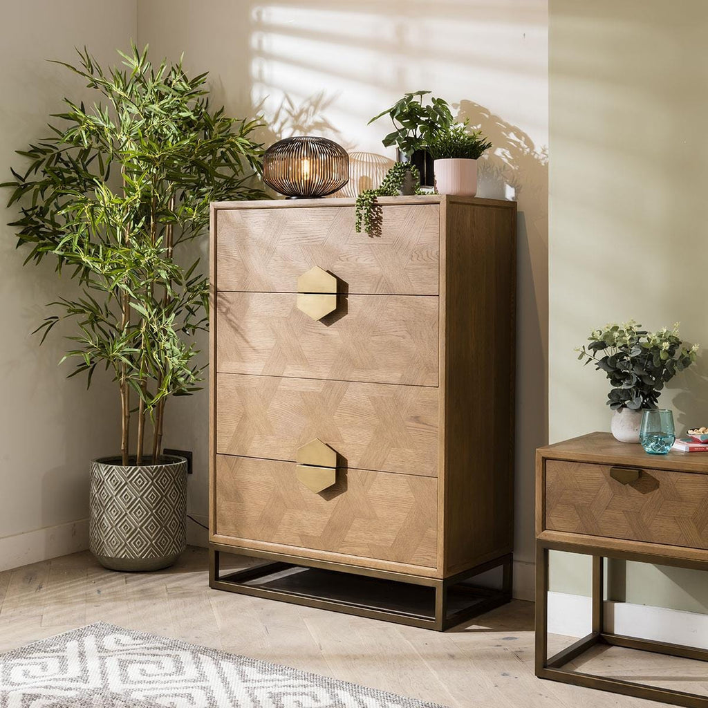 Hemingway Chest Of Drawers Dresser Oak & Gold Brown Tallboy 90cm wide