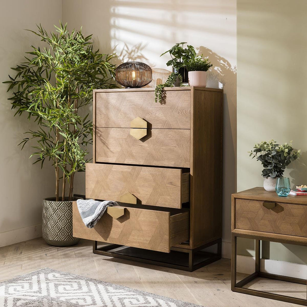Hemingway Chest Of Drawers Dresser Oak & Gold Brown Tallboy 90cm wide