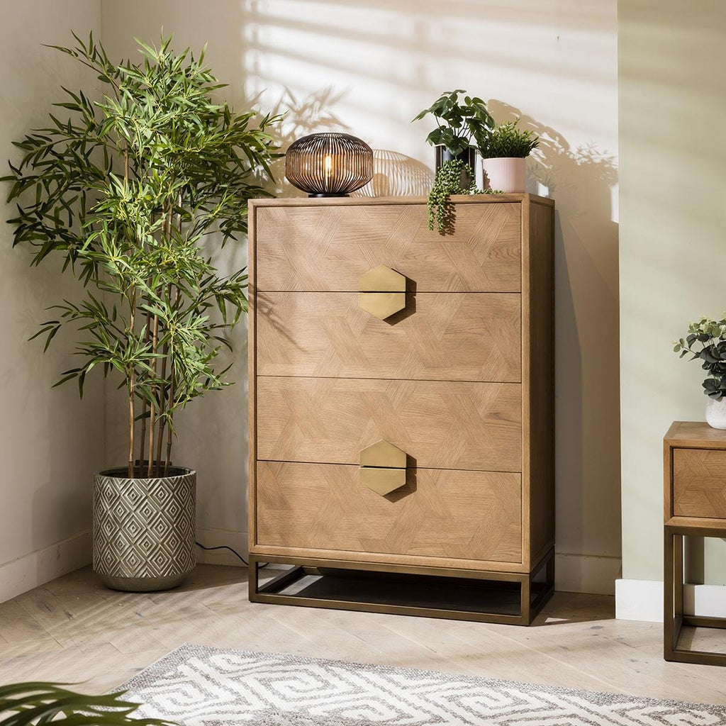 Hemingway Chest Of Drawers Dresser Oak & Gold Brown Tallboy 90cm wide