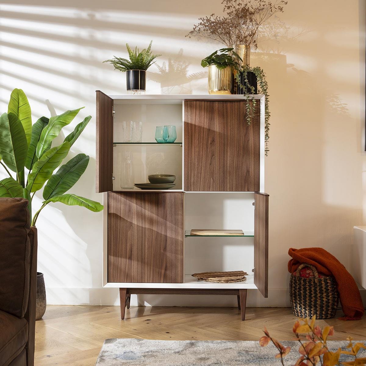 Sito Walnut & Gloss White Tall Sideboard Cabinet 100x140cm