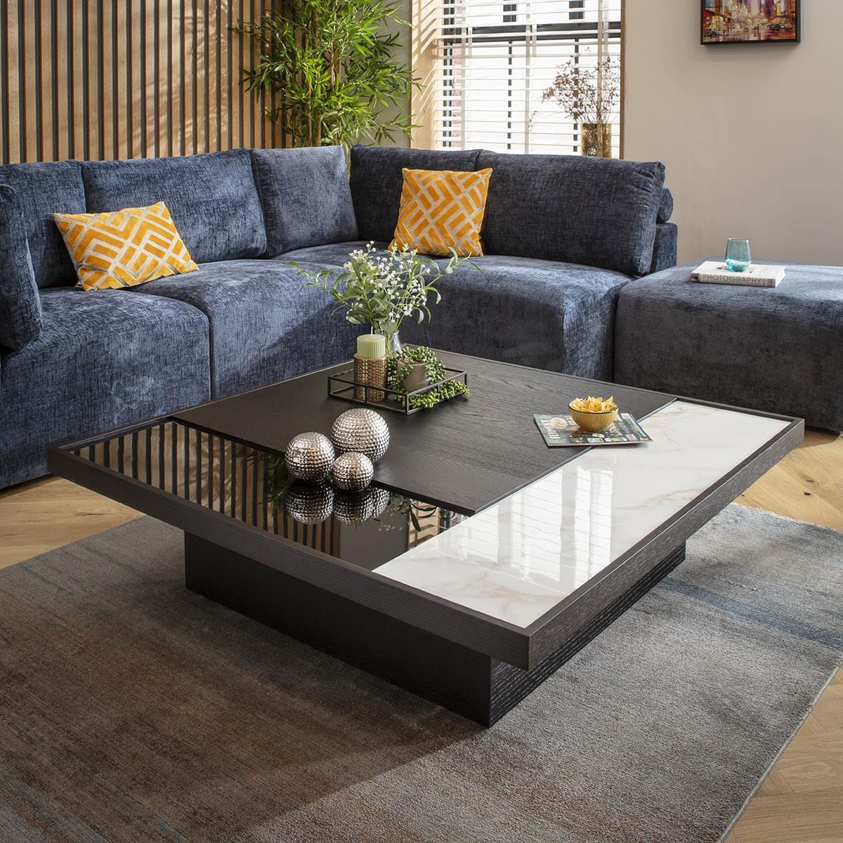 Plato Large Glass & Ceramic Square Coffee Table Black 120cm