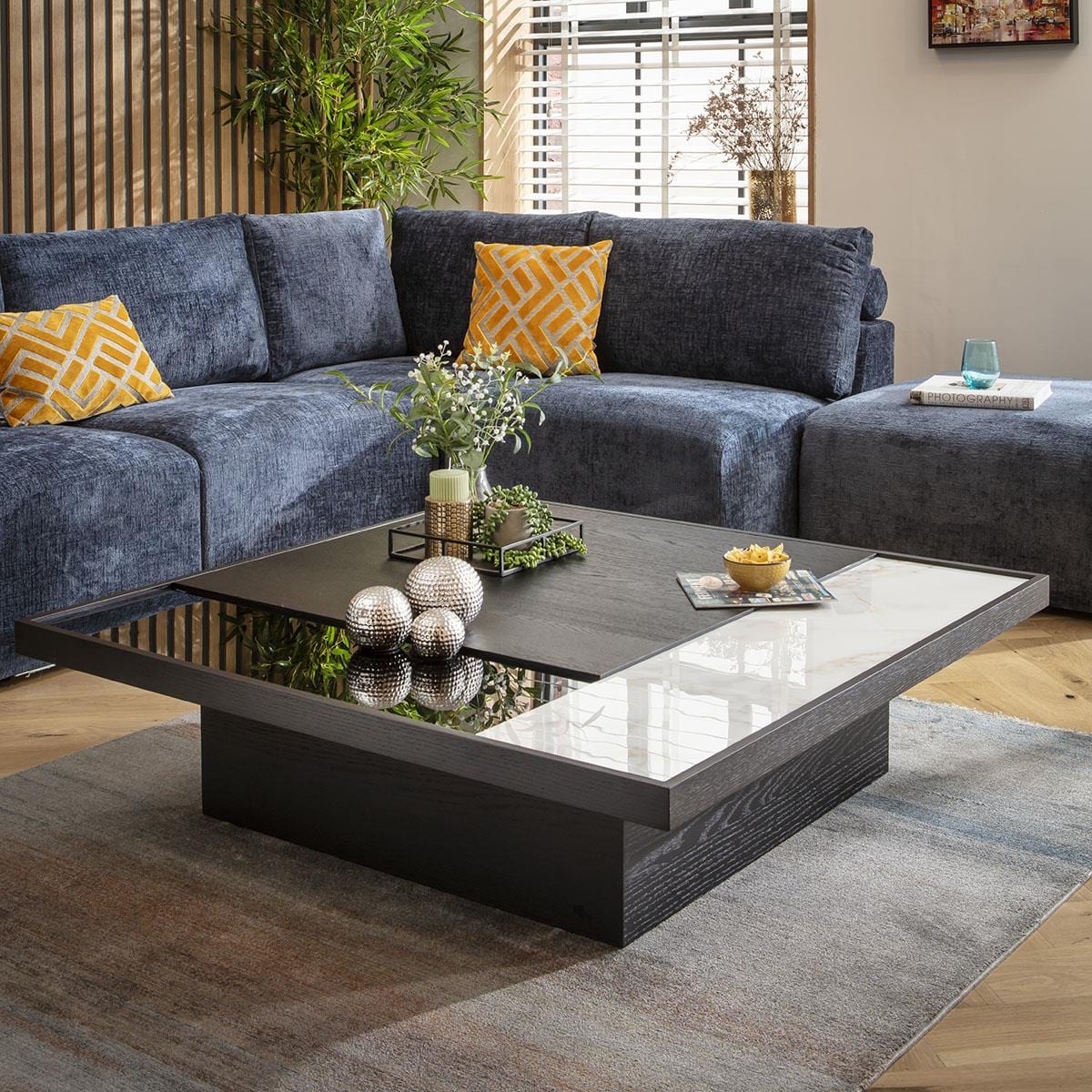 Plato Large Glass & Ceramic Square Coffee Table Black 120cm