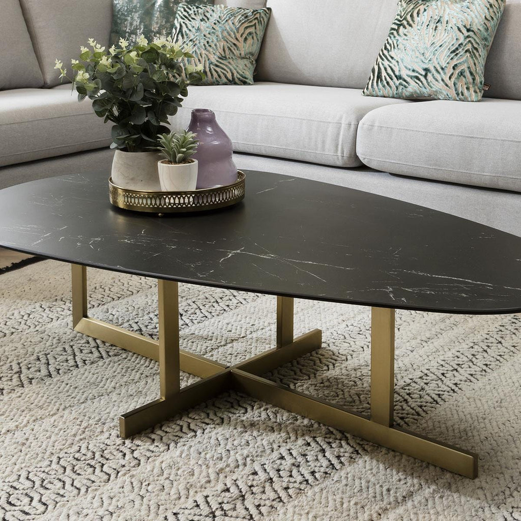 Modern Large Oval Ceramic Marble Coffee Table on Metal Legs - 130cm Black