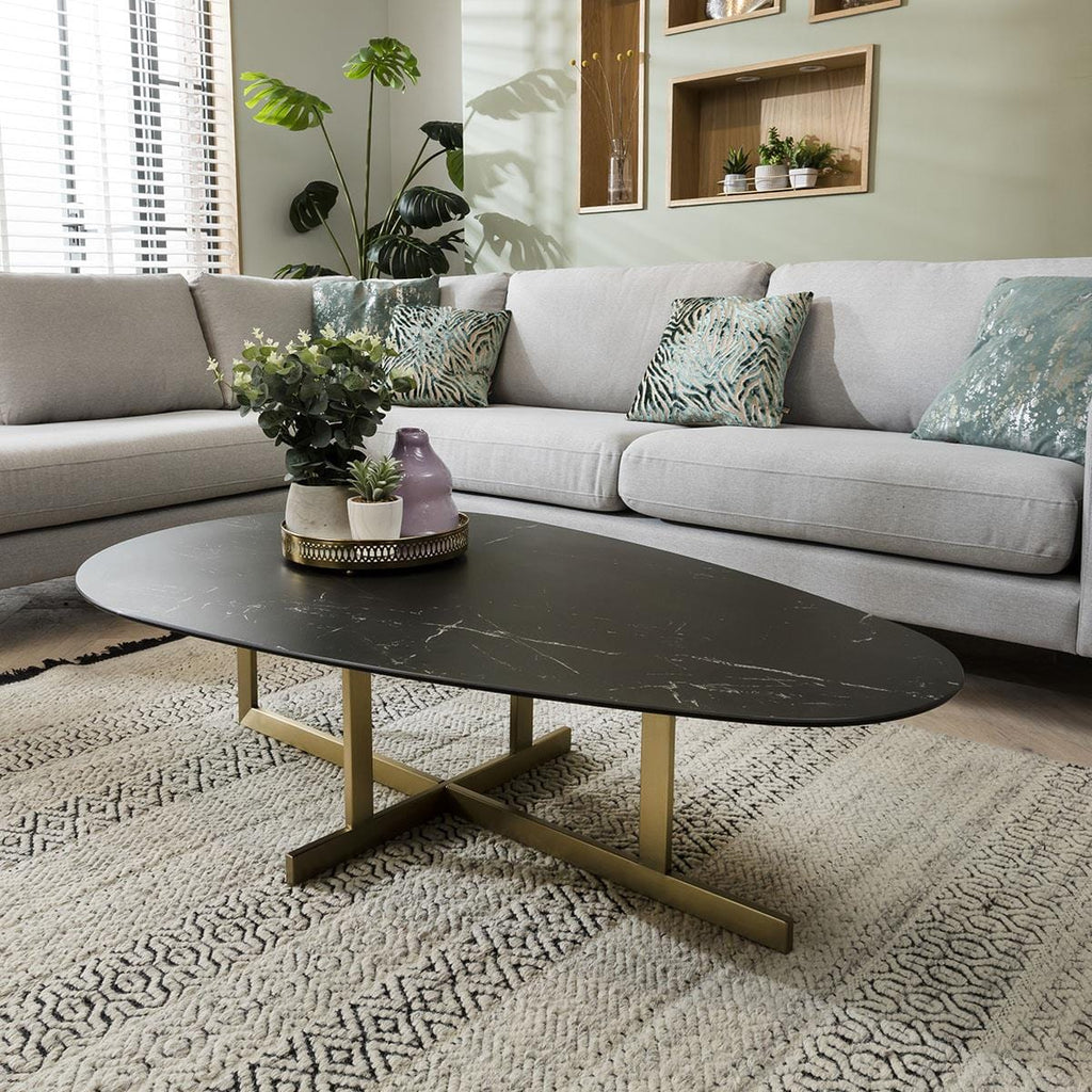 Modern Large Oval Ceramic Marble Coffee Table on Metal Legs - 130cm Black
