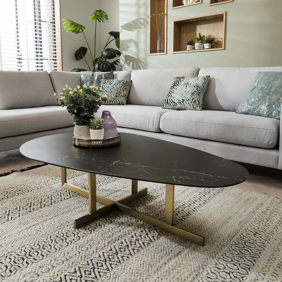 Modern Large Oval Ceramic Marble Coffee Table on Metal Legs - 130cm Black