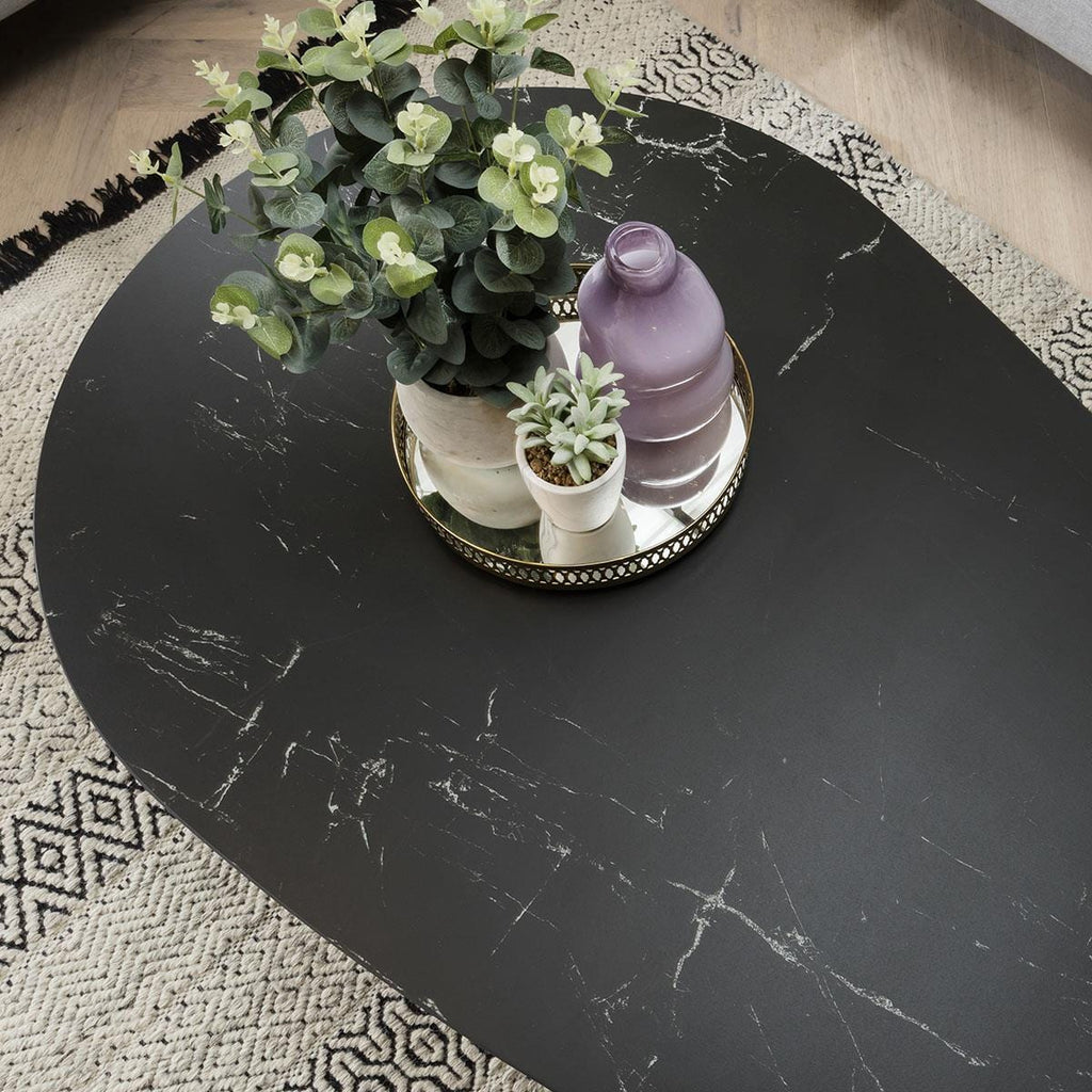 Modern Large Oval Ceramic Marble Coffee Table on Metal Legs - 130cm Black