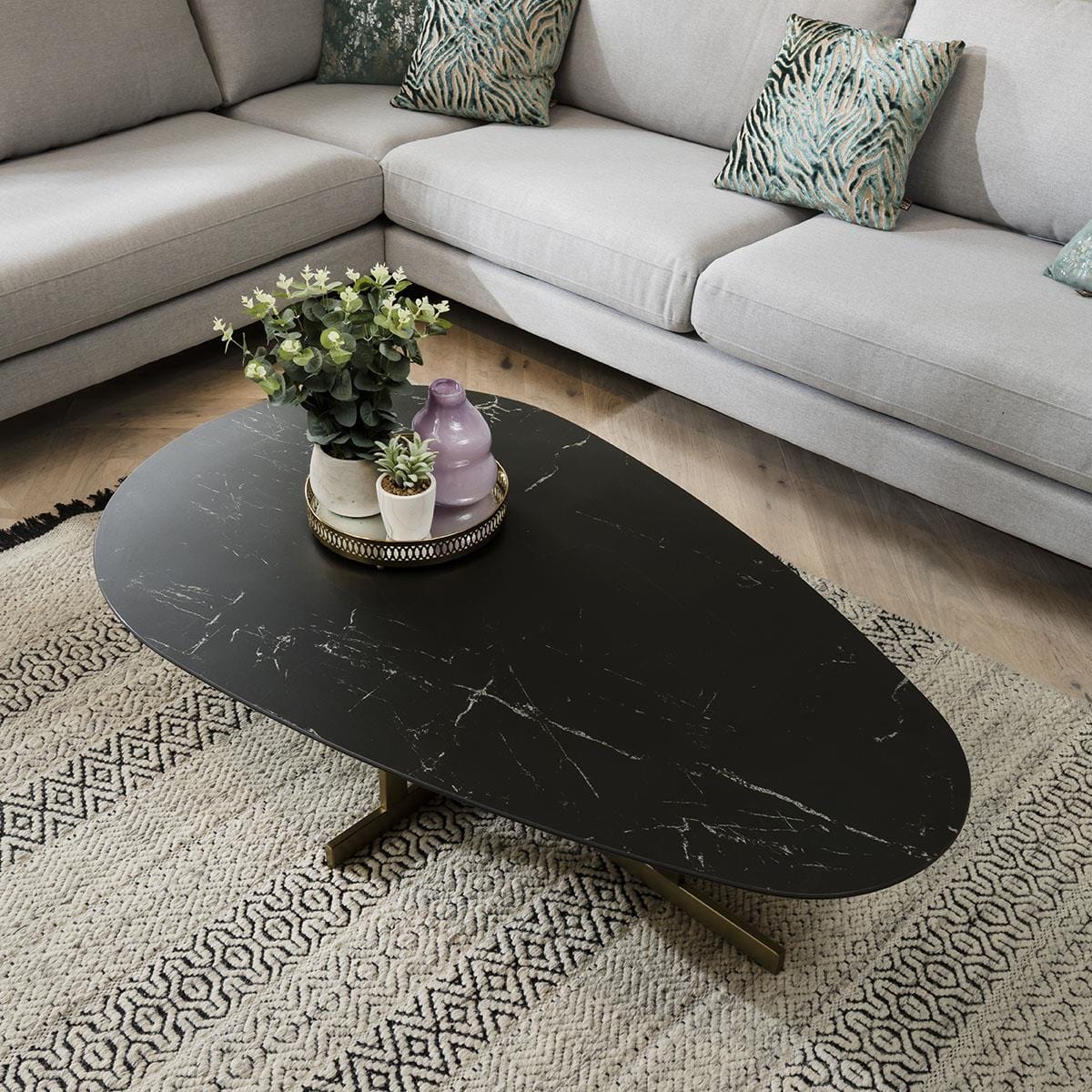 Modern Large Oval Ceramic Marble Coffee Table on Metal Legs - 130cm Black