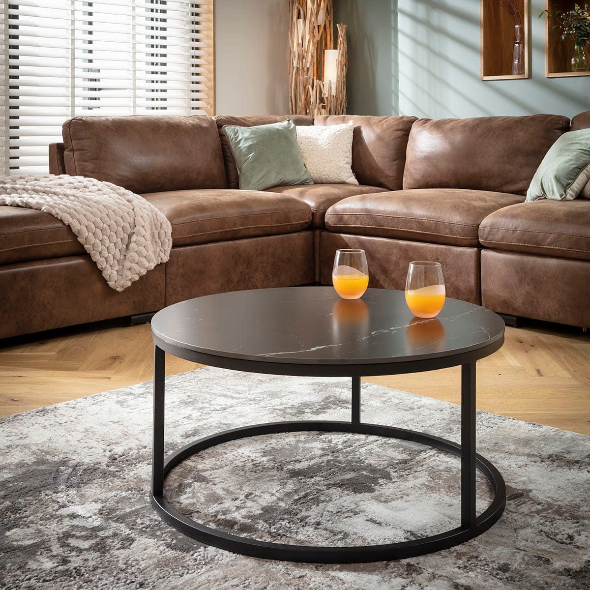 Lena Large Round Nest of Coffee Tables Black Ceramic Marble 100cm & 80cm