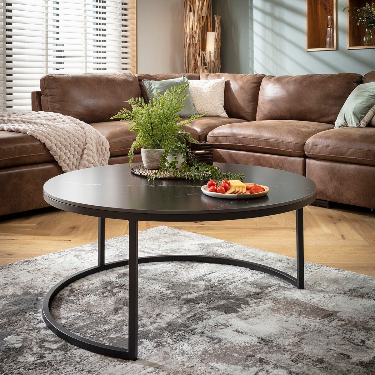 Lena Large Round Nest of Coffee Tables Black Ceramic Marble 100cm & 80cm