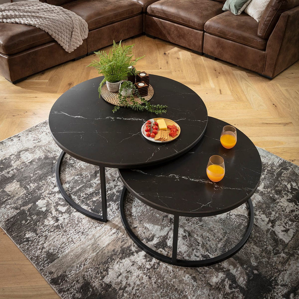 Lena Large Round Nest of Coffee Tables Black Ceramic Marble 100cm & 80cm