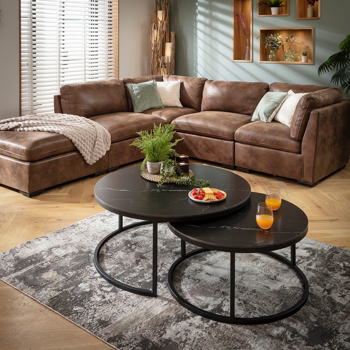 Lena Large Round Nest of Coffee Tables Black Ceramic Marble 100cm & 80cm