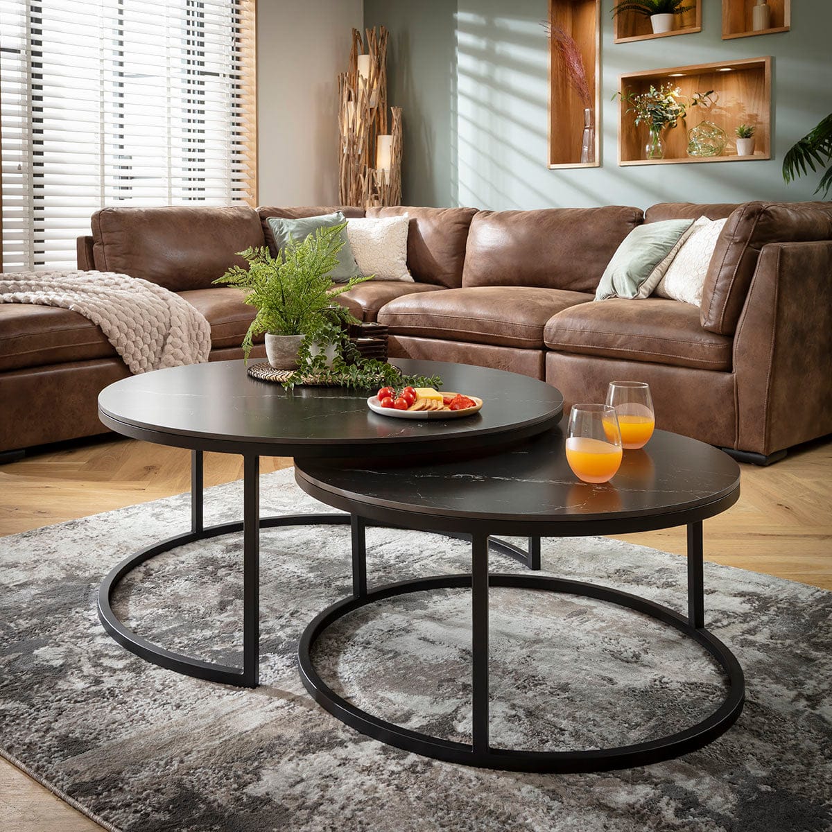Lena Large Round Nest of Coffee Tables Black Ceramic Marble 100cm & 80cm