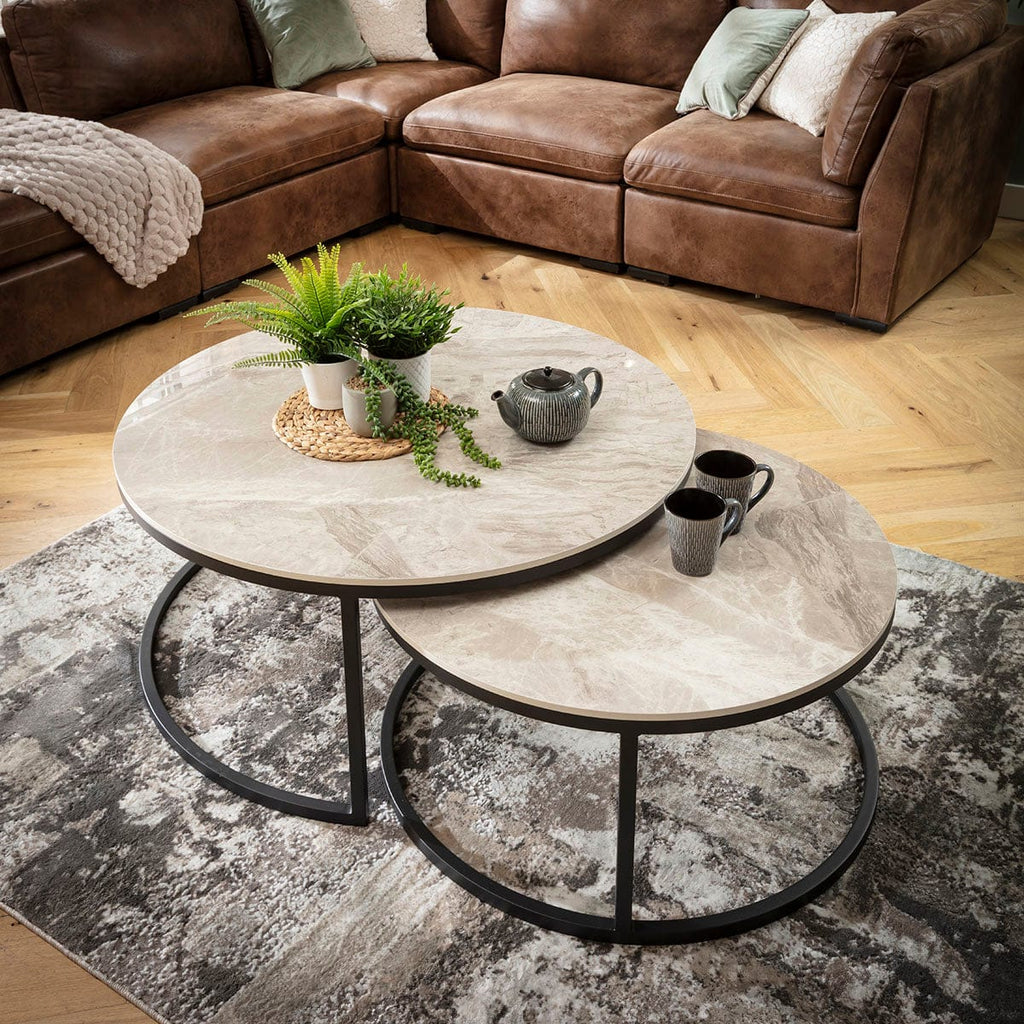 Lena Large Round Nest of Coffee Tables Grey Ceramic Marble 100cm & 80cm