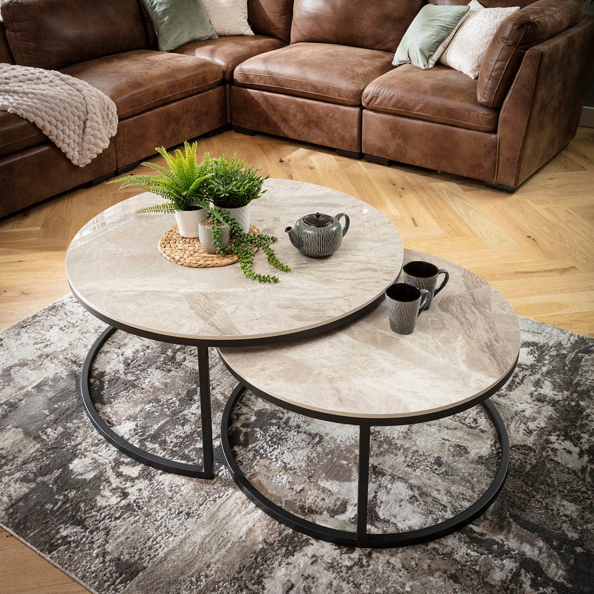 Lena Large Round Nest of Coffee Tables Grey Ceramic Marble 100cm & 80cm