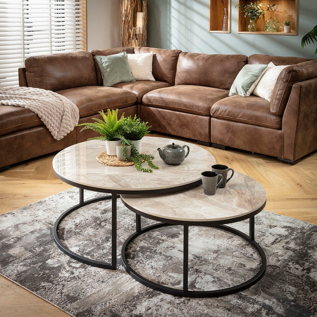 Lena Large Round Nest of Coffee Tables Grey Ceramic Marble 100cm & 80cm