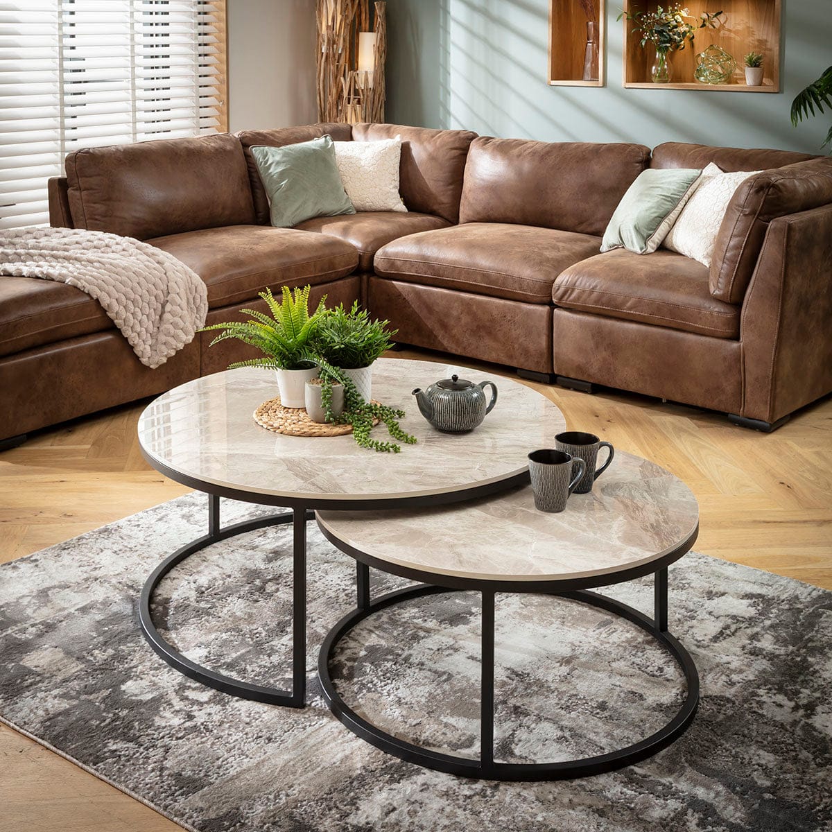 Lena Large Round Nest of Coffee Tables Grey Ceramic Marble 100cm & 80cm