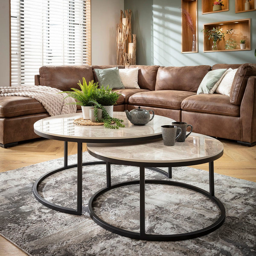 Lena Large Round Nest of Coffee Tables Grey Ceramic Marble 100cm & 80cm