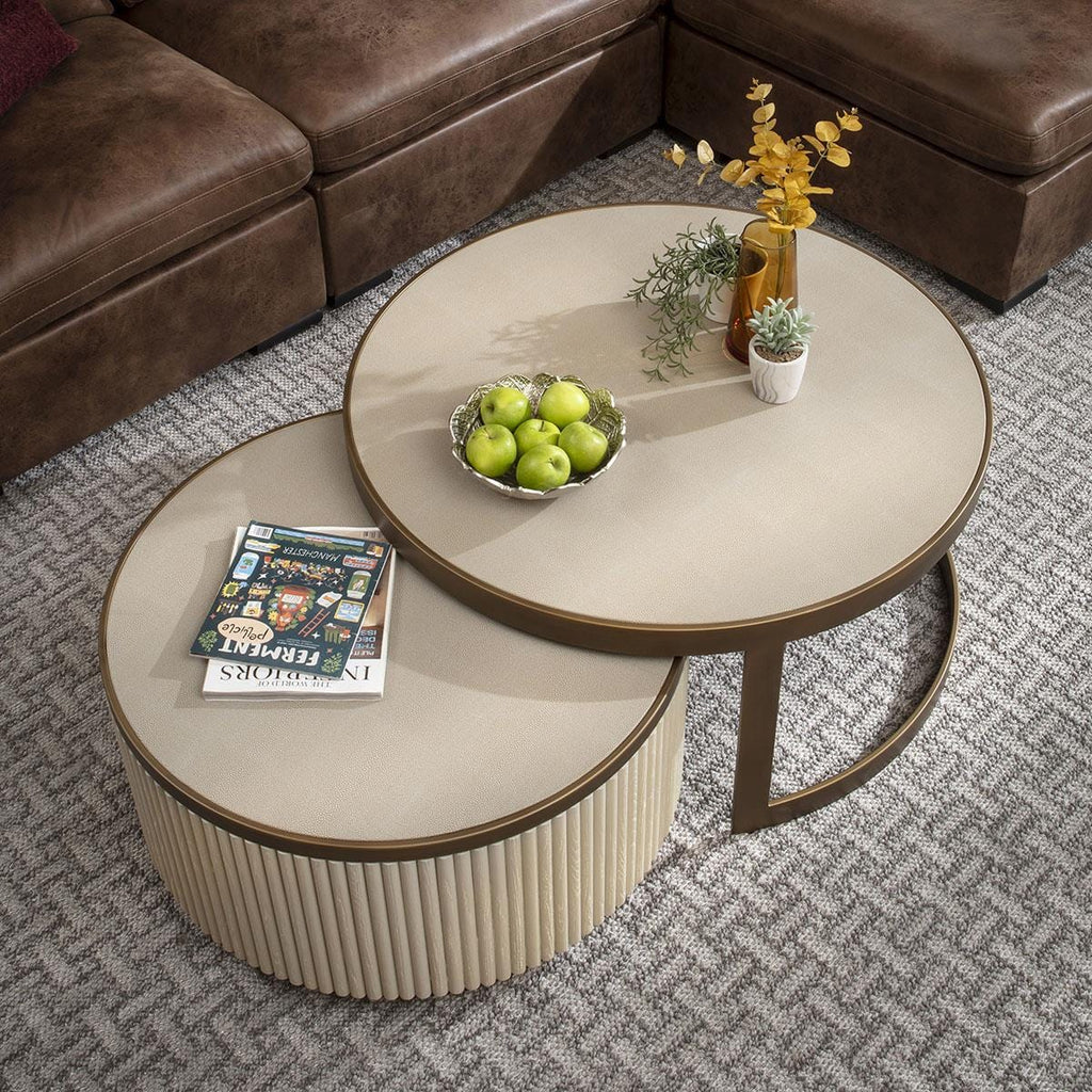 Dorian Round Nesting Coffee Table Set Ivory & White Shagreen 92cm