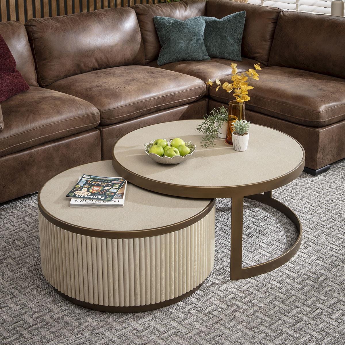 Dorian Round Nesting Coffee Table Set Ivory & White Shagreen 92cm